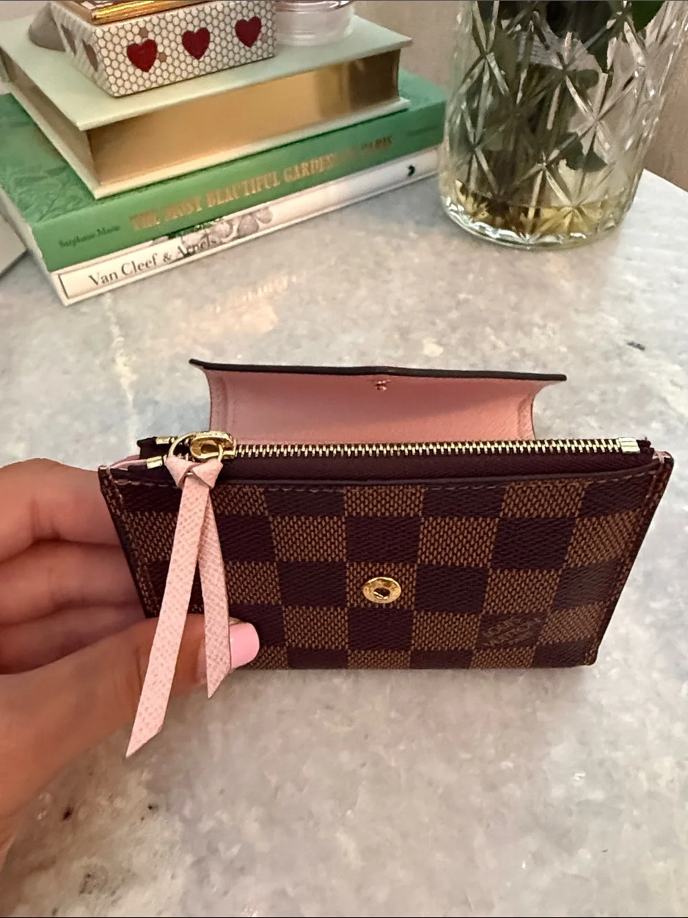 Louis Vuitton Damier Ebene Compact Wallet with Pink Snap